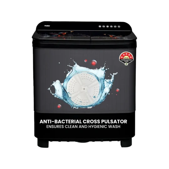 Haier 11 kg Toughened Glass with Digital Kingfisher Print, Anti Bacterial Vortex Pulsator, 1300 RPM,
