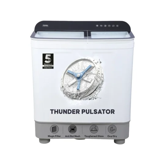 Haier 10.5 kg Thunder Pulsator, Toughened Glass Lid, Oxyi Dry, Magic Filter & Castor Wheels Semi Aut