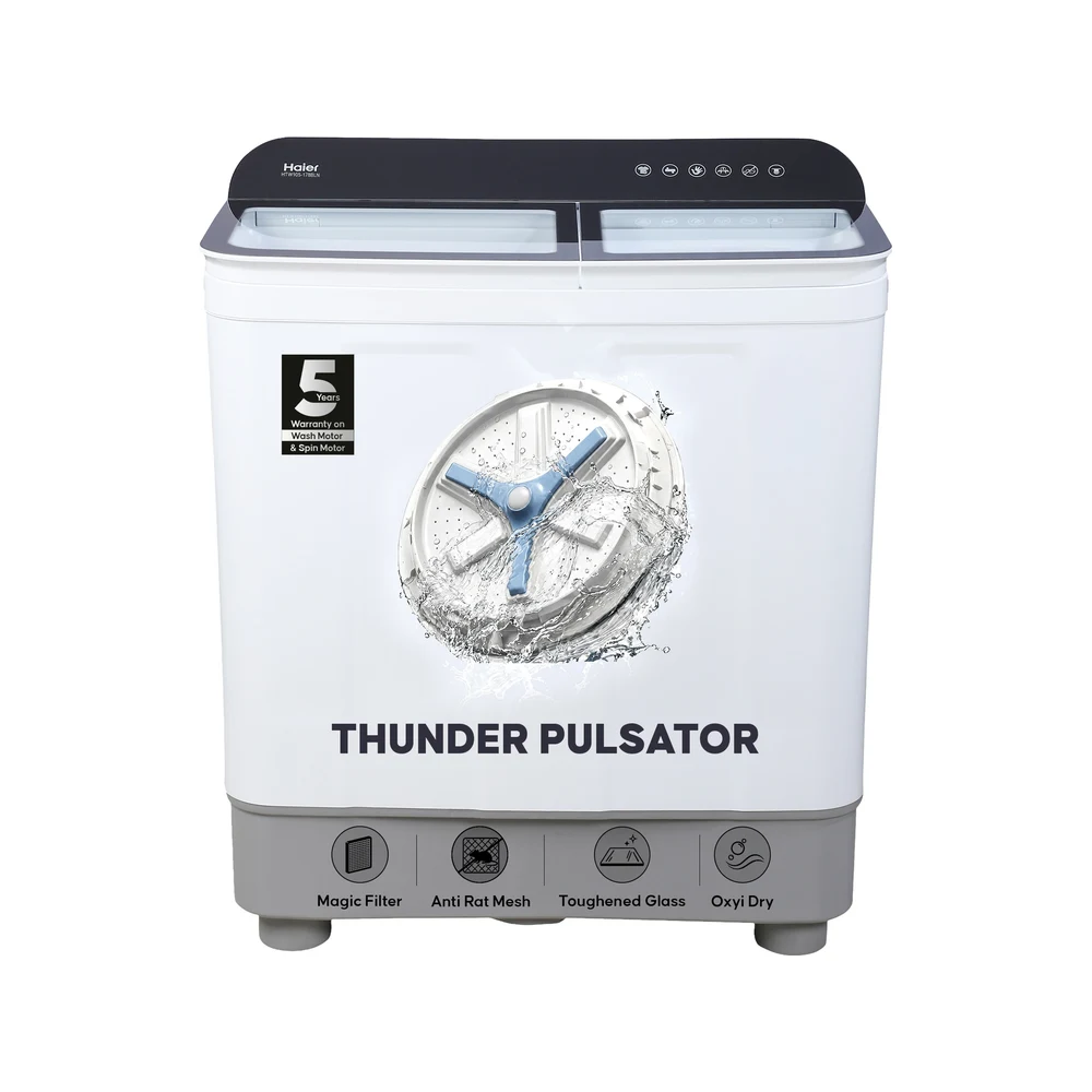 Haier 10.5 kg Thunder Pulsator, Toughened Glass Lid, Oxyi Dry, Magic Filter & Castor Wheels Semi Aut